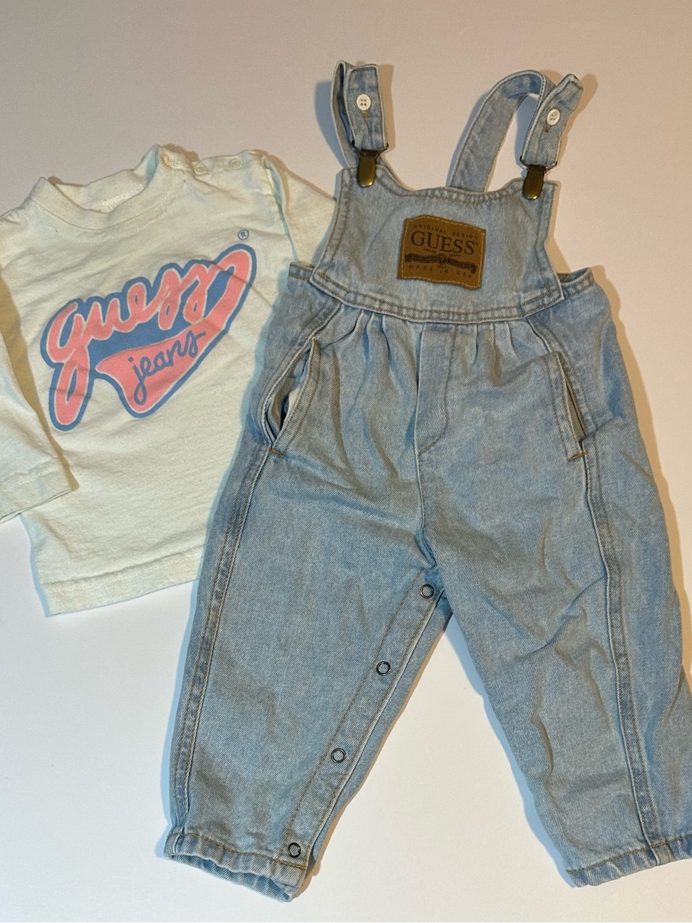 Vtg Guess USA Baby Denim Overalls & Shirt Light Wash